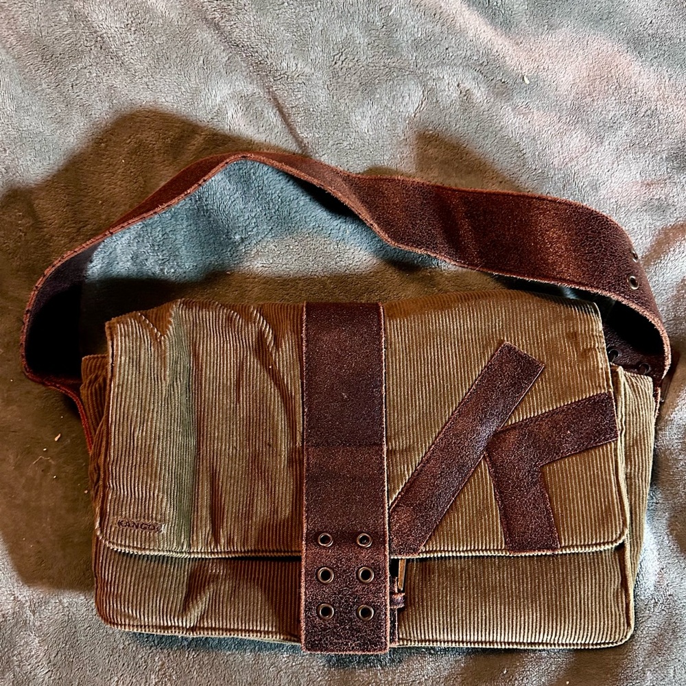 Vintage Kangol Shoulder Bag - Olive Green Corduroy & Brown Distressed Leather
